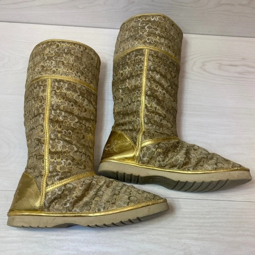 Coach Womens 9B Nikole Tall Winter Boots Signature C Monogram Gold Luxury